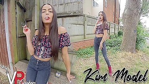 Dark Jeans; Brunette Amateur Smoking Non-nude - Kim Model